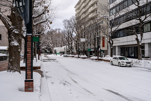 Sapporo, Japan - Jan 29, 2019 : Business Zone of Sapporo Plenty of Snow in Winter