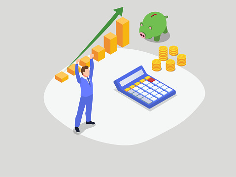 Saving money concepts. Businessman feeling happy while standing with growth chart and upward arrow near calculator and piggy bank
