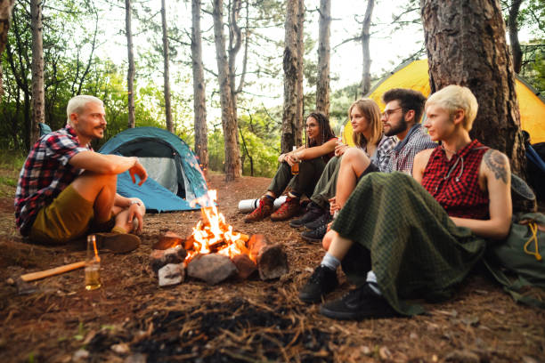 istock Cheerful campers sitting next to the bonfire and telling stories 1318461301