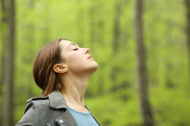 istock Woman breathing fresh air deeply in a forest 1318461373