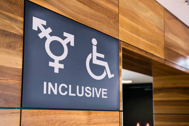 Inclusive Public Restroom Sign Inclusive Public Restroom Sign. Genderless And Handicapped Toilet gender neutral photos stock pictures, royalty-free photos & images