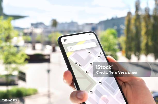 Map App In Mobile Phone To Search Location Or Navigate To Destination In City Place Marker And Pointer Icon Online Gps Guide In Smartphone Stock Photo - Download Image Now