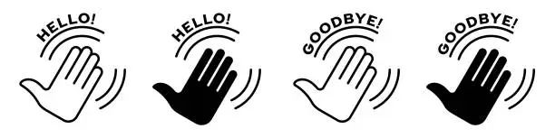 Vector illustration of Flat sign of greeting or goodbye. Human waving palm icon with swing lines. Vector elements