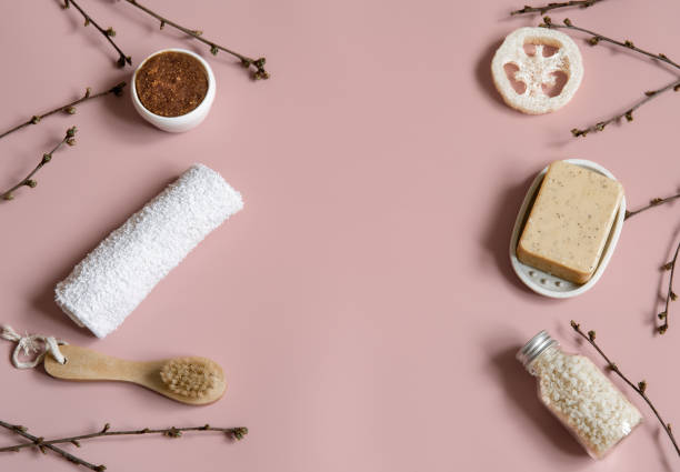 istock Flat lay spa composition with bath accessories for body care copy space. 1318464181