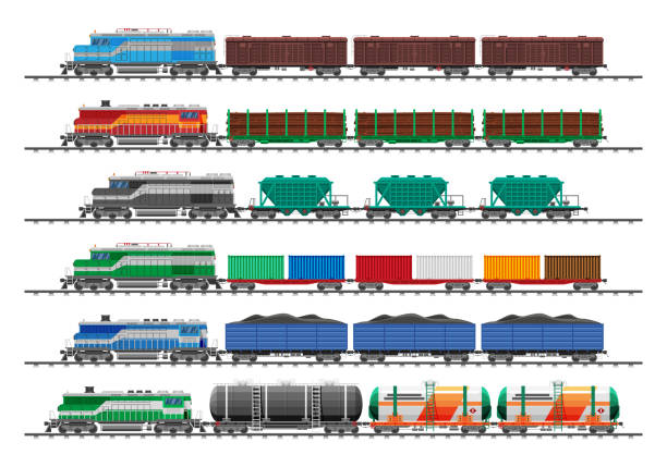 Set of train cargo wagons, cisterns, tanks, cars Set Of Train Cargo Wagons, Cisterns, Tanks And Cars. Railroad Freight Collection. Flatcar, Boxcar, Car Carriage. Industrial Carriages, Side View. Cargo Rail Transportation. Flat Vector Illustration freight train stock illustrations