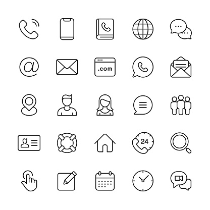 25 Contact Us Outline Icons. 24 Hours, Address Book, Advertising, Business, Business Card, Businessman, Businesswoman, Calendar, Chat, Clock, Communication, Customer Support, Date, E-Mail, Emoji, Envelope, FAQ, Feedback, Gesture, Global Business, Globe, Hand, Hashtag, Heart, Home, House, Image, Leadership, Like, Like Button, Link, Location, Magnifying Glass, Man, Management, Map, Marketing, Meeting, Message, Navigation, Office, Office Worker, Phone, Photo, Podcast, Schedule, Searching, SEO, Smartphone, Social Media, Speaker, Speech Bubble, Tap Gesture, Technology, Telephone, Testimonial, Text, Text Messaging, Time, Video Call, Video Chat, Video Conference, Web, Web Browser, Web Link, Website, Wifi, Woman, Writing.