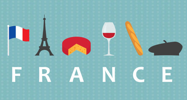 ilustraciones, imágenes clip art, dibujos animados e iconos de stock de viaje a francia concepto, bandera, torre eiffel, queso, vino, baguette y boina - beret