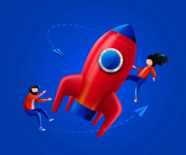 Vector illustration of People fly around launching rocket. Startup, project launch or innovation concept.