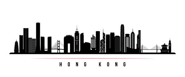 ilustraciones, imágenes clip art, dibujos animados e iconos de stock de bandera horizontal del horizonte de hong kong. silueta en blanco y negro de hong kong, china. plantilla vectorial para su diseño. - hong kong culture