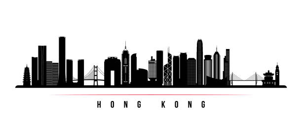 illustrations, cliparts, dessins animés et icônes de bannière horizontale horizon de hong kong. silhouette noire et blanche de hong kong, chine. modèle vectoriel pour votre conception. - hong kong skyline panoramic china