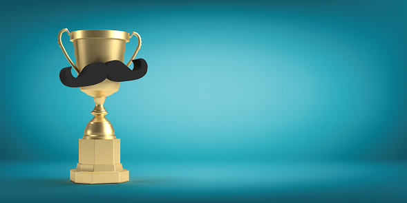 Father's Day concept: 3D rendered empty celebration card with a golden trophy and black mustache on blue background with copy space. Greetings to a dad, father, grandpa, daddy. Love expression