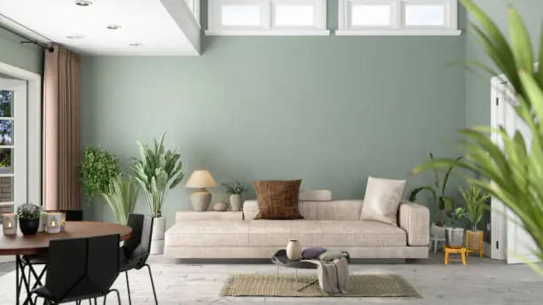 Photo of Modern Living Room Interior With Green Plants, Sofa And Green Wall Background