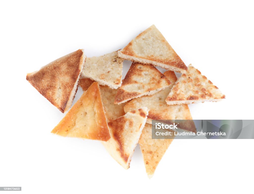 Delicious pita chips on white background, top view Pita Bread Stock Photo