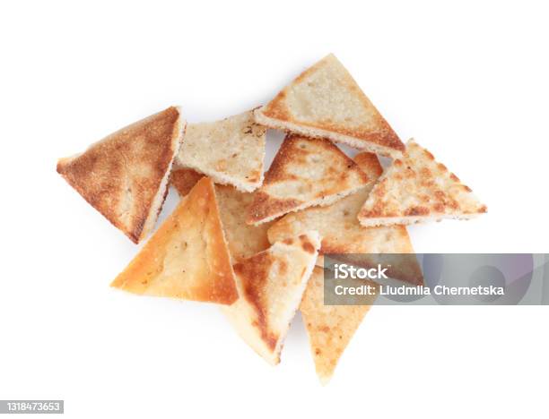 Delicious Pita Chips On White Background Top View Stock Photo - Download Image Now - Pita Bread, White Background, Potato Chip