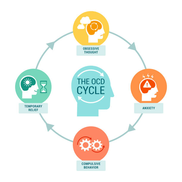 The OCD cycle infographic with icons The OCD cycle infographic: obsessive thought, anxiety, compulsive behavior and temporary relief obsessive stock illustrations