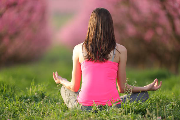 istock Back view of yogi practicing yoga in a pink field 1318477892