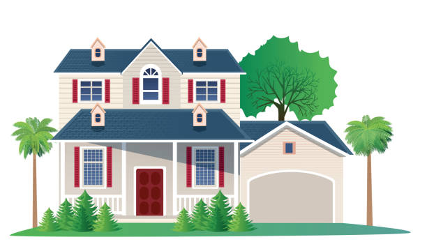 ilustraciones, imágenes clip art, dibujos animados e iconos de stock de hogar americano - house detached house garage outdoors