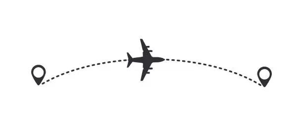 Vector illustration of Airplane track with dotted line. Tracks of travelers are marked with dotted lines. Tracking airplane en route on white background