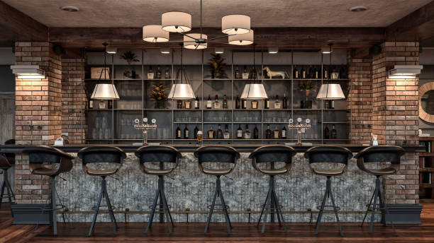 Empty large retro restaurant bar with bar stools in front of bar counter Empty large retro restaurant bar with roof beams, with bar stools, shelves with drinks, glasses in front of bar counter, decoration, lighting equipment /pendant lights on partly wood paneled walls partly brick walls background on hardwood floor. A vintage effect on a 3D rendered image. bar stool photos stock pictures, royalty-free photos & images