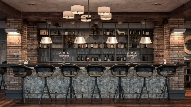 empty large retro restaurant bar with bar stools in front of bar counter - bar stools fotos imagens e fotografias de stock