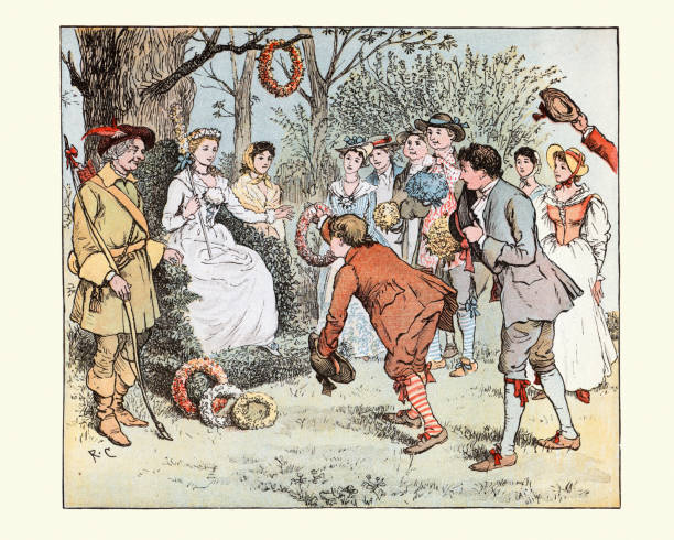 girlandy królowej maja, tradycyjny angielski festiwal folklorystyczny, xix wiek - 19th of may stock illustrations