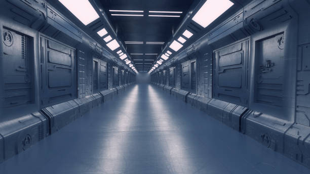 istock 3d render. Futuristic hallway. Concept of modern architecture and interior spaceship 1318481844