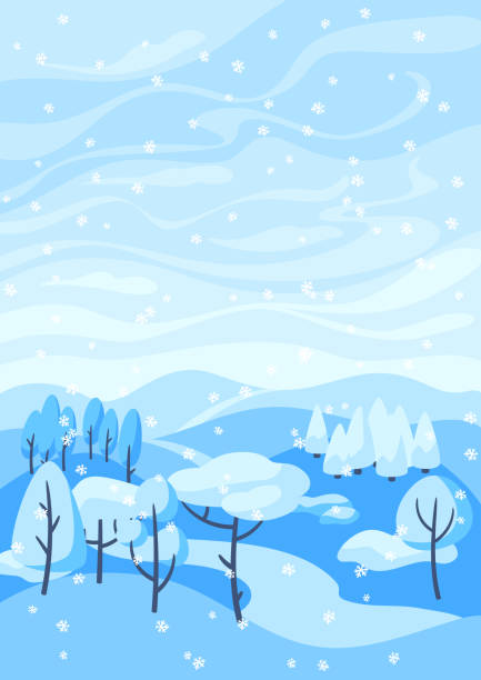 winterlandschaft mit wald, bäumen und sträuchern. - winter stream river snowing stock-grafiken, -clipart, -cartoons und -symbole