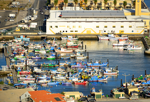 Setubal, Portugal: waterfront - fishing harbor and the 'lota', the bulk fish market where auctions are conducted, seen from above