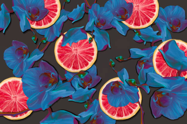 bezszwowy wzór z niebieskimi storczykami i pierścieniami grejpfrutowymi - painted image food fruit wallpaper pattern stock illustrations