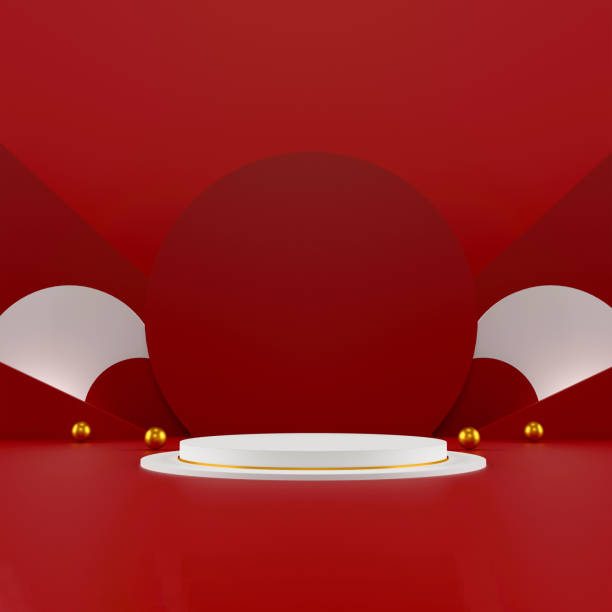 istock minimal scene with geometric forms. cylinder red podium display and gold ball or mockup for product in dark red colors background. space for text. 3D illustration 1318490817