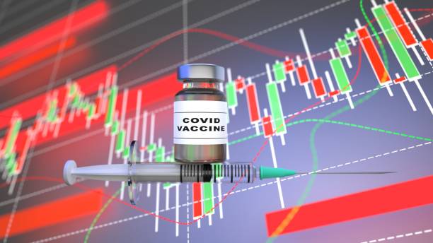 istock Coronavirus COVID-19 Vaccine and Syringe on Blue Financial Chart 1318490911
