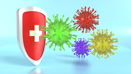 Viruses are attaching but stopped by a medical shield against blue background. Easy to crop for all social media and print design sizes.