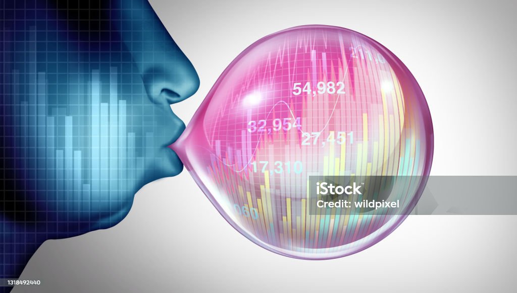 Economic Bubble Economic bubble burst and stock market speculation concept or overvalued economy as a financial crisis and inflated prices as a finance risk to investors and speculative valuation ready to pop with 3D render elements. Financial Occupation Stock Photo