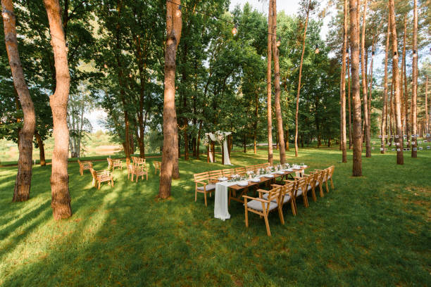 istock Wedding table with rustic decoration in the forest. Marriage celebration in the beautiful place. 1318493575