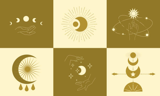 Hands and space symbols A set of templates with esoteric cosmic symbols. Silhouette of hands, lunar cycles, sun, stars, space. alchemy symbols stock illustrations