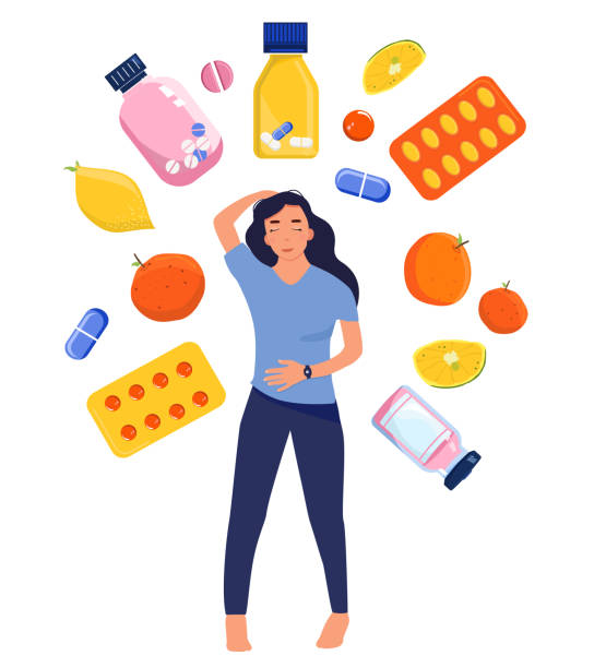 ilustrações de stock, clip art, desenhos animados e ícones de multivitamin complex and bio supplement for the immune system and beauty. woman makes choice between pills and nutrition, healthy diet. - blister pack pill medicine healthcare and medicine