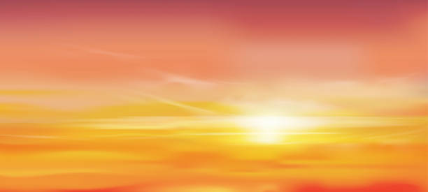 日出在早晨與橙色，黃色和粉紅色的天空，戲劇性的暮色景觀與日落在晚上，向量網狀地平線天空橫幅日落或陽光四季背景 - sunset 幅插畫檔、美工圖案、卡通及圖標