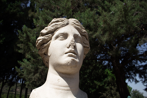 View of a woman statue at ancient Greek sanctuary on the coast of Ionia called 