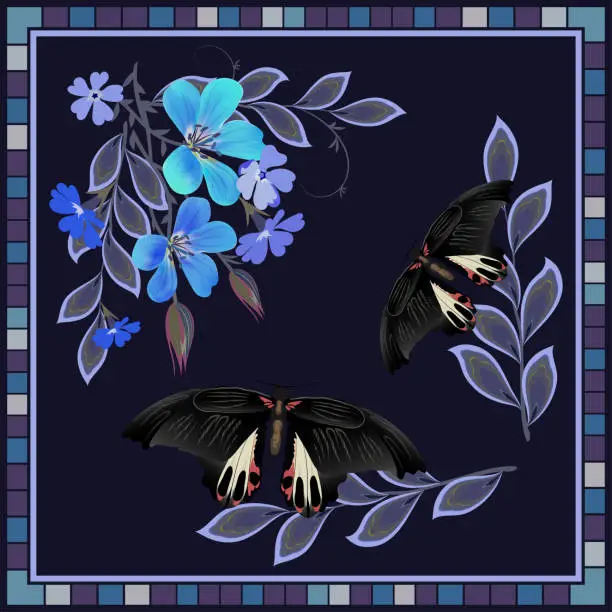 Vector illustration of Hijab, shawl, scarf drawing Orchard Swallowtail Butterfly, close-up, butterfly black with red spots, blue and purple flowers on a dark background vector illustration