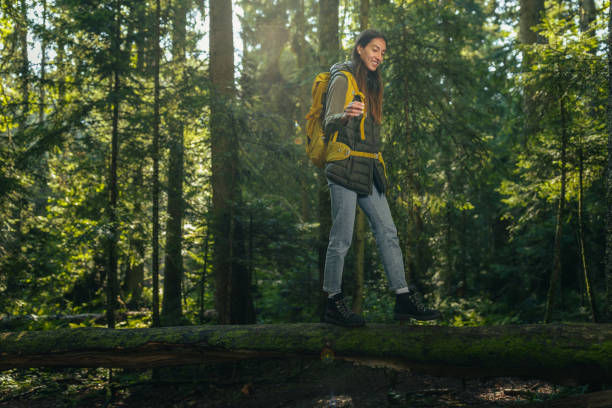 istock Woman walking through forest, exploring nature 1318495812