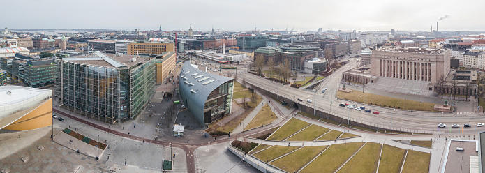 A panoramic view to the heart of Helsinki. Pictured are, from left to right, Oodi library, Sanomatalo media building, Kiasma the modern art museum and the Parliament House. Photo taken in March 2020.
