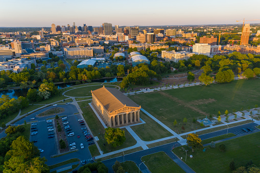 Aerial view of the Parthenon in downtown Nashville. This is a full-scale replica of the Parthenon in Greece.