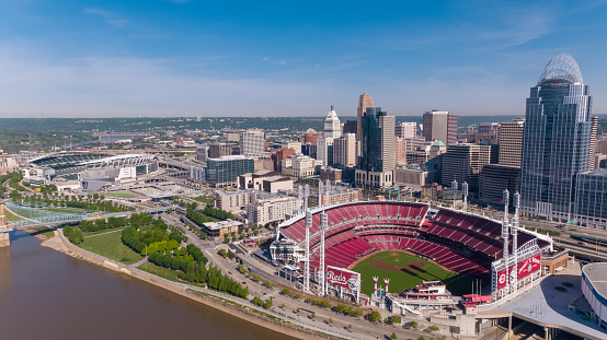 Aerial view of the Great American Ball Park Stadium and Paul Brown Stadium in Cincinnati, Ohio.