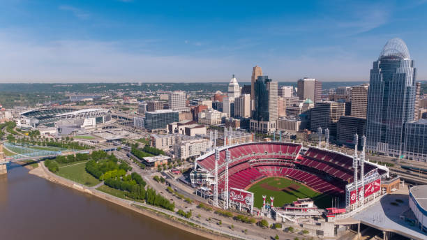 Aerial view of sports stadiums in Cincinnati Aerial view of the Great American Ball Park Stadium and Paul Brown Stadium in Cincinnati, Ohio. ohio river photos stock pictures, royalty-free photos & images