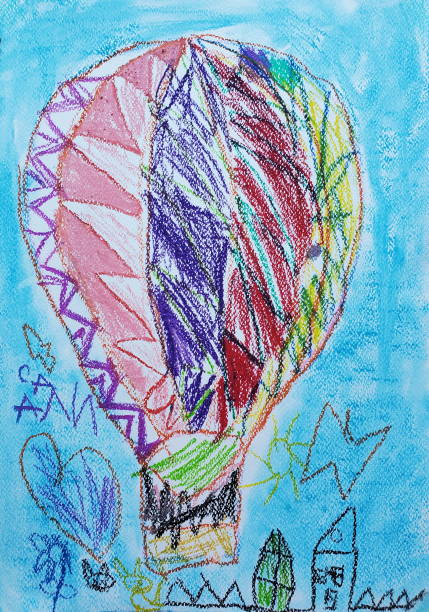 naive kunst bild von bunten ballon in den himmel erstellt von kleinkind mit pastell und öl-buntstifte - wachsmalkreide stock-fotos und bilder