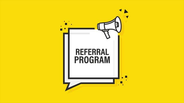 Referral program megaphone yellow banner in 3D style on white background. Motion graphics.