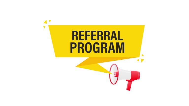 Referral program megaphone yellow banner in 3D style on white background. Motion graphics.