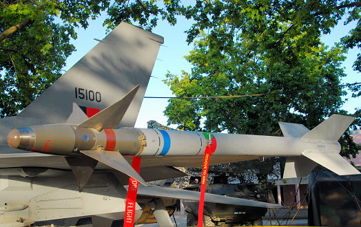 Fairford, UK - 14th July 2022: A Swiss Airforce F18 fighter jet, flying close and low to the ground