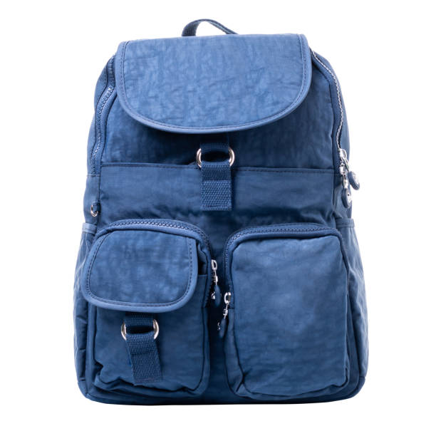 Blue backpack textile with flap. Isolated on a white background. Backpack with the pockets