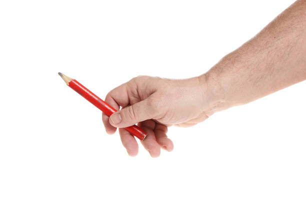 istock Hand holds a red construction pencil on a white background, a template for designers. 1318505424